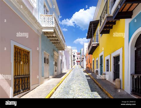 Puerto Rico colorful colonial architecture in historic city center ...