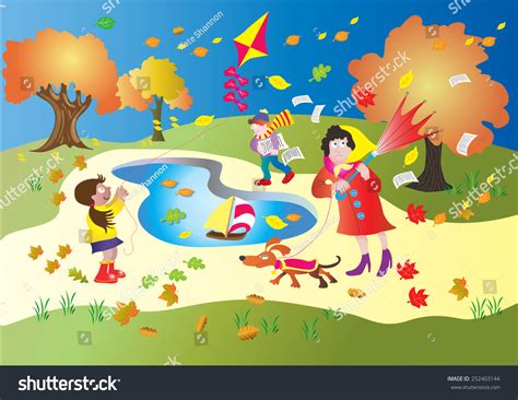 Windy Day Park Little Girl Flies Stock Vector (Royalty Free) 252403144 ...