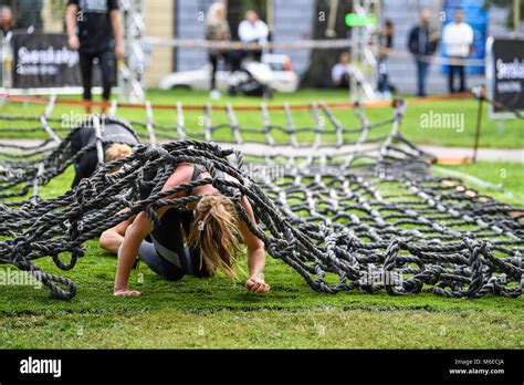 Crawling obstacles at Action run 2017 obstacle race run in the city of Norrköping, Sweden in ...