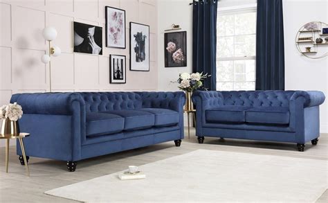 Hampton Blue Velvet 3+2 Seater Chesterfield Sofa Set in 2020 | Living room sofa set ...