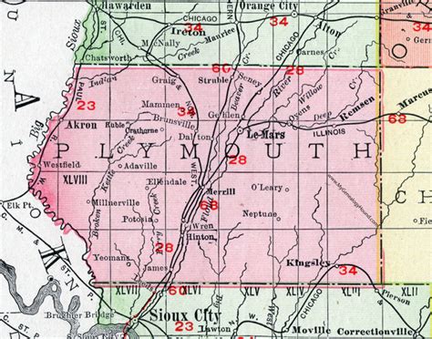 Plymouth County, Iowa, 1911, Map, Le Mars, Remsen, Akron, Kingsley