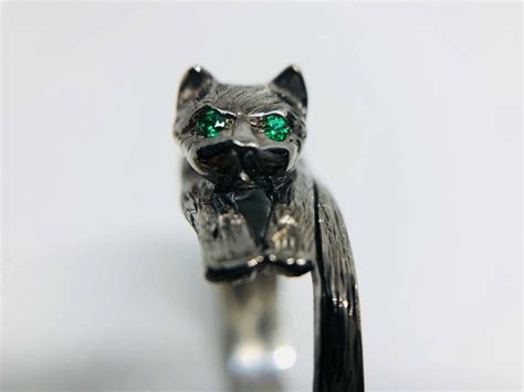 Black Cat Ring Sterling Silver Green Zircons Kitty Ring | Etsy