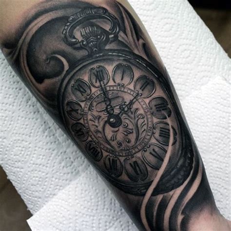 Big very detailed black and white antic clock tattoo on leg - Tattooimages.biz