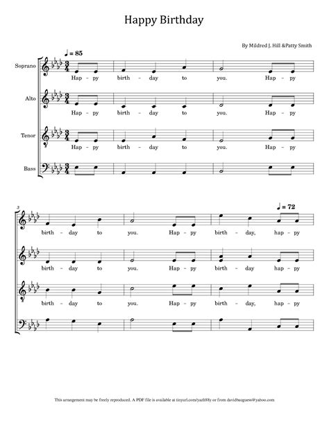 Happy Birthday To You (SATB)- For Acappella - With Lyric (arr. poon) by Mildred J. Hill &Patty ...