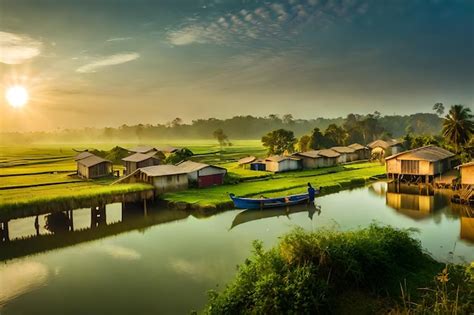 Premium AI Image | a village with a river and a village in the background