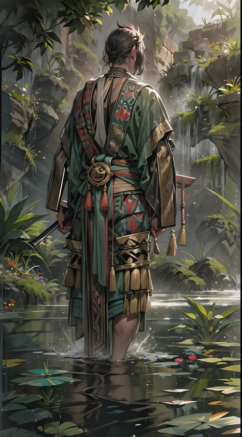 A painting of a man in a kimono walking through a river - SeaArt AI