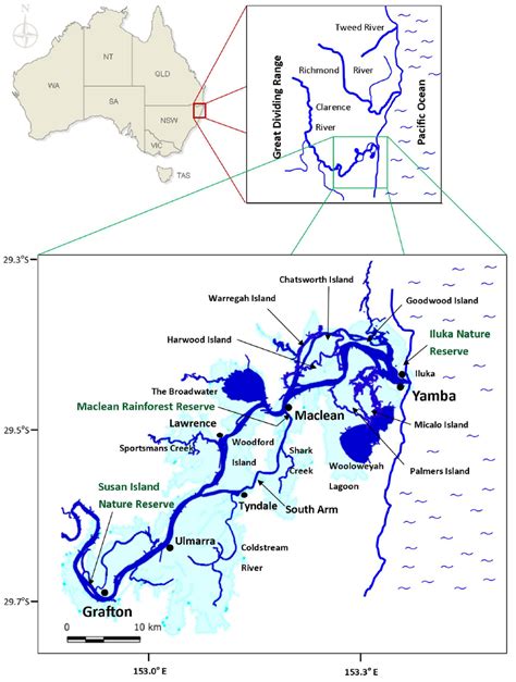 Map showing the location of the Clarence River floodplain (light blue),... | Download Scientific ...