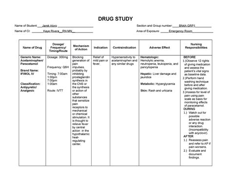 Sample drug study for common ER drugs - DRUG STUDY Name of Student:Jarek Aloro - Studocu