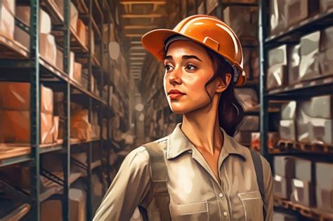 Premium AI Image | A woman in a hard hat stands in a warehouse with boxes on the shelves.