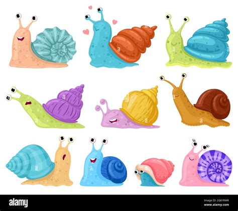 Caracol de dibujos animados. Jardín caracoles mascotas, pequeños y lindos gasterópodos en ...