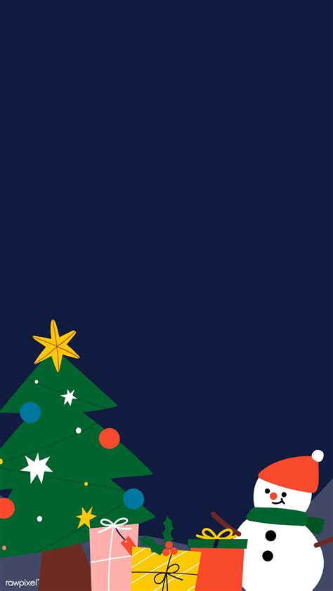 a christmas tree with presents under it and a snowman next to it in front of a dark blue background