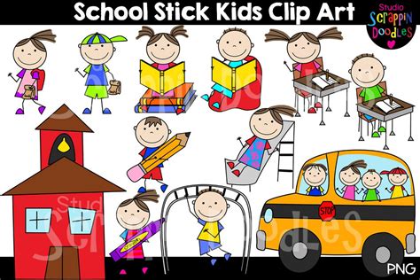 School Stick Kids Clip Art (356794) | Illustrations | Design Bundles