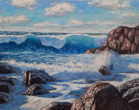 Blue sea waves and rocks Painting by Elena Anufriyeva | Saatchi Art