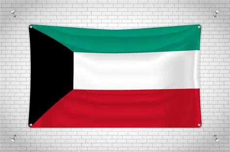 Kuwait flag hanging on brick wall. 3D drawing. Flag attached to the ...