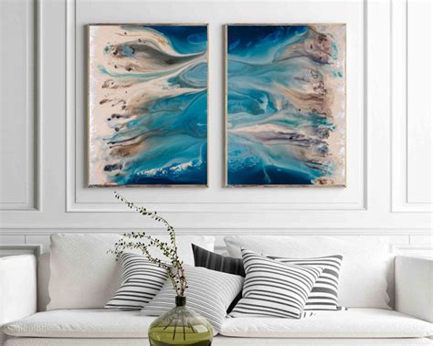 Coastal Wall Art Set, Blue Abstract Art, Blue Wall Art, Beach Landscape ...