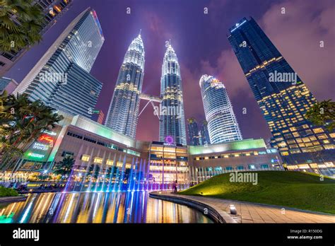 KUALA LUMPUR, MALAYSIA - JULY 21: Night view of KLCC park and the ...