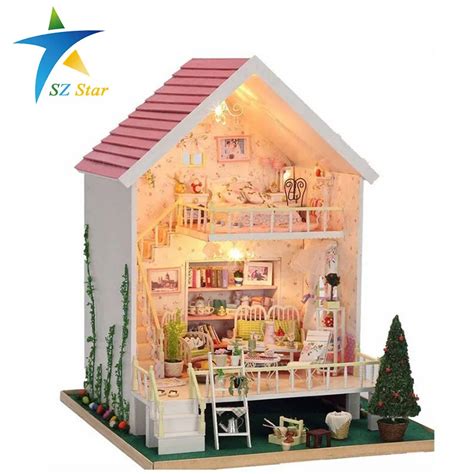 Manual pink wood small doll house kids toy dollhouses with light 28*29 ...