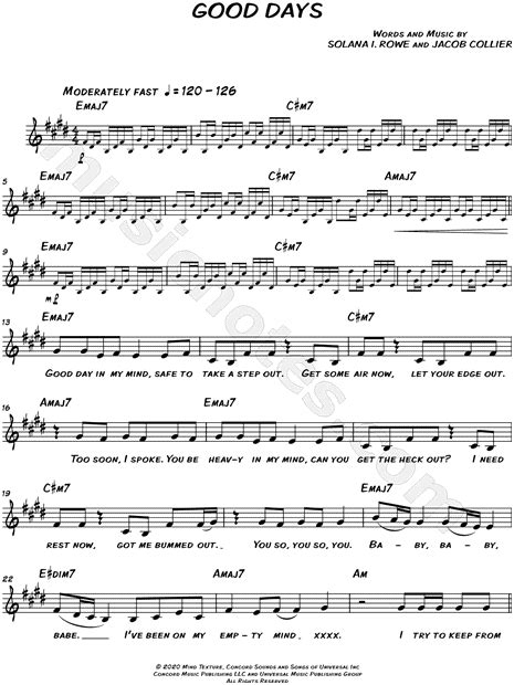 SZA "Good Days" Sheet Music (Leadsheet) in E Major (transposable ...