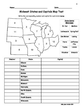 Midwest States and Capitals Map Test (Versions A & B) by Fifth Grade Frolics