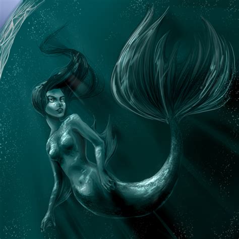 a painting of a mermaid swimming in the ocean with her tail curled up ...