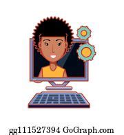 1 Woman Afro Hair With Computer Desktop And Gears Clip Art | Royalty Free - GoGraph