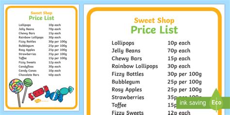 Sweet Shop Role Play Price List Poster - Sweet Shop Role Play Signs