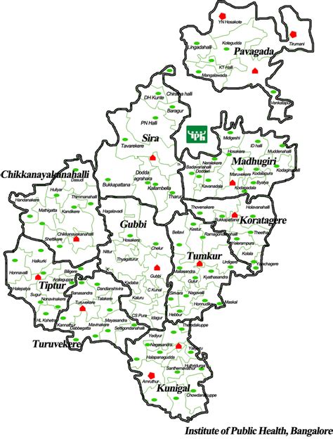 Government health facility map of Tumkur showing the 10 talukas, the ...