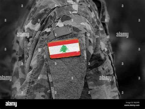 Flag of Lebanon on military uniforms. Lebanon flag on soldiers arm (collage Stock Photo - Alamy