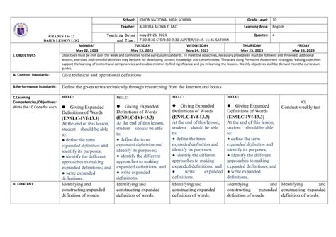 daily lesson log-english