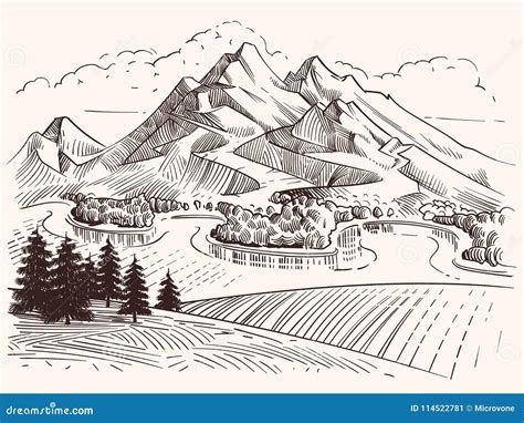 Pencil Drawing Mountain Landscape. Cartoon Sketch Mountains and Fir Trees Vector Illustration ...