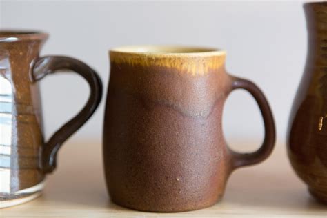 4 Ceramic Handmade Mugs - Brown Studio Pottery - Vintage Mismatched Coffee or Tea Mugs