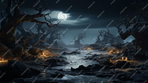 Premium AI Image | a dark forest at night with a full moon in the background