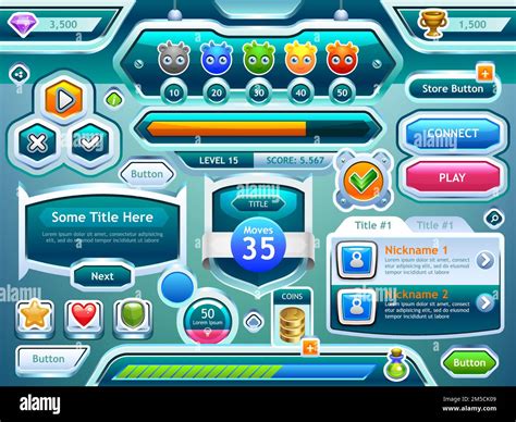 Game UI. Examples of screens, buttons, bars progression for computer and mobile games. Vector ...