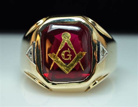 Diamond and Ruby Mens Masonic Ring 14k Yellow Gold Size 11