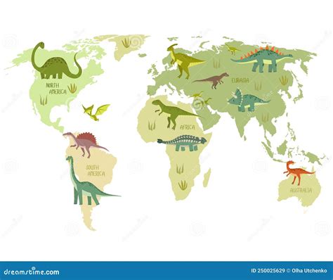 Print. World Map With Dinosaurs. Dino World Map. Cartoon Dinosaurs. | CartoonDealer.com #250025629