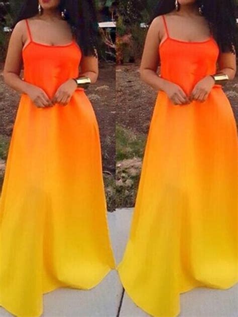 Yellow Orange Color Block Draped Gradient Color Spaghetti Strap Bohemian Party Maxi Dress - Maxi ...