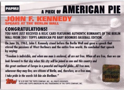 John F Kennedy Berlin Wall Remnants 2001 Topps American Pie Relic Card PAPM2 jfk | Heroes Sports ...