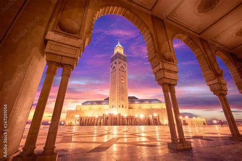 The Hassan II Mosque at sunset in Casablanca, Morocco. Hassan II Mosque ...