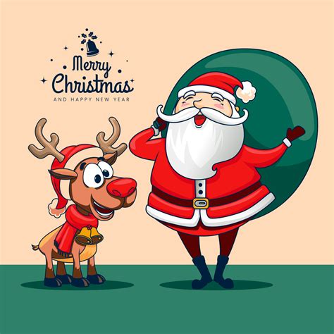 Santa with Deer playing togterher cartoon illustration kids style ...