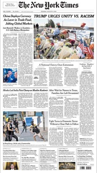 NY Times Changes Front Page Headline From “Trump Urges Unity Vs. Racism” After Democrat ...