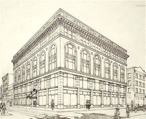 an old drawing of a building with people on the sidewalk and cars parked in front