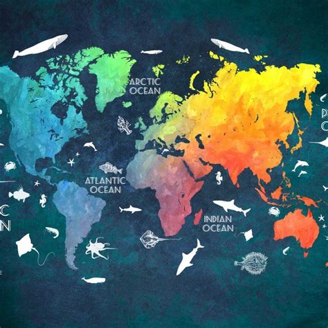 the world map is painted with colorful watercolors