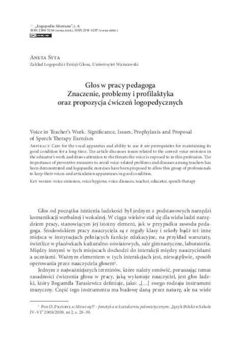 (PDF) Aneta Syta: Głos w pracy pedagoga. Znaczenie, problemy i profilaktyka oraz propozycja ...