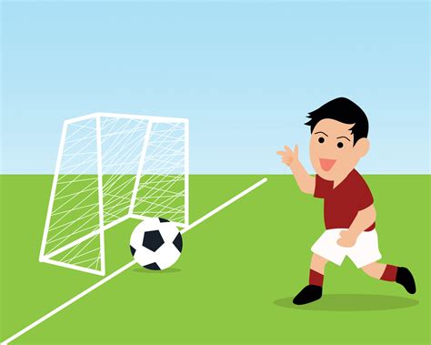 Cute young and happy boy is playing football. He is shooting a ball to goal. Cartoon vector ...