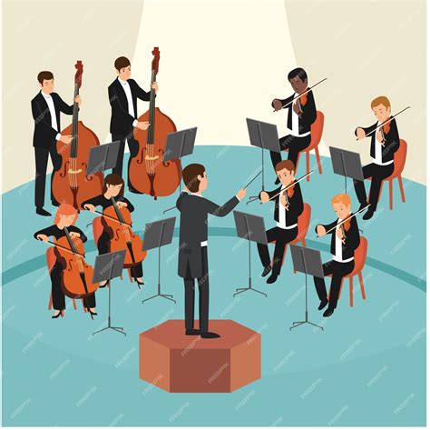 Premium Vector | Set of orchestra group with the conductor on stage