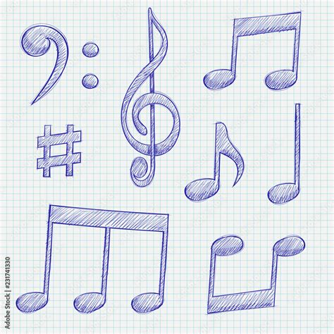 Music signs. Blue notes and symbols on lined paper background Stock ...