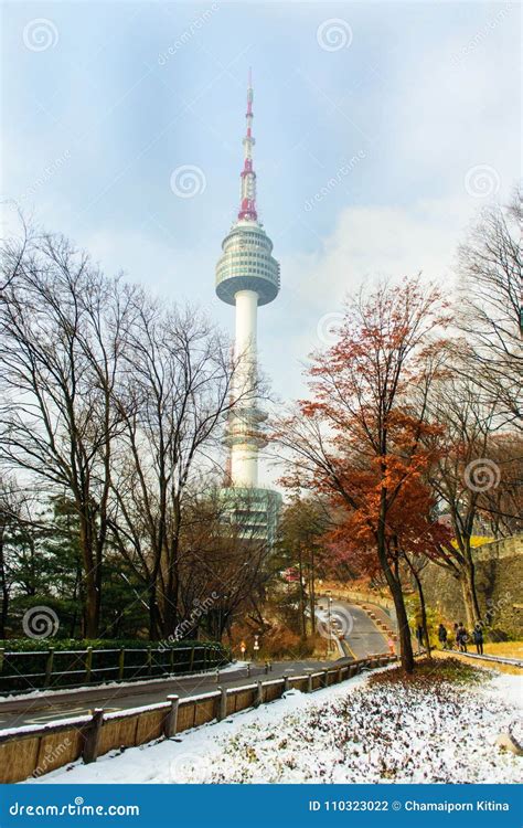 Seoul Tower with Tourists Walk on Street in Winter at Namsan Moun ...