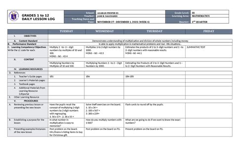 DLL Mathematics 3 Q2 W4 - sdfg - GRADES 1 to 12 DAILY LESSON LOG School: AGAMAN PROPER ES Grade ...