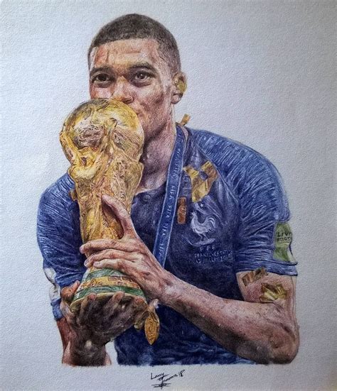 Ballpoint pen drawing of Kylian Mbappé holding the world cup trophy ...