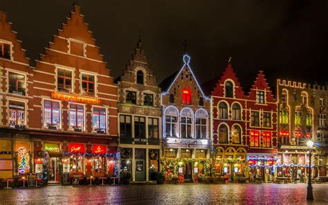 Belgium, Bruges, Grote Markt square, night, lights, house, Christmas ...